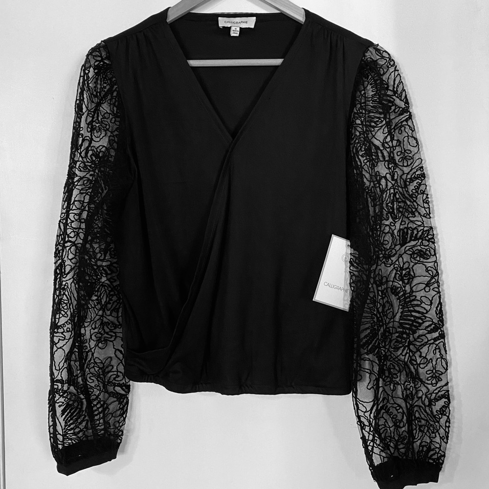 NWT Calligraphie Mesh Embroidered Sleeve Blouse Black M